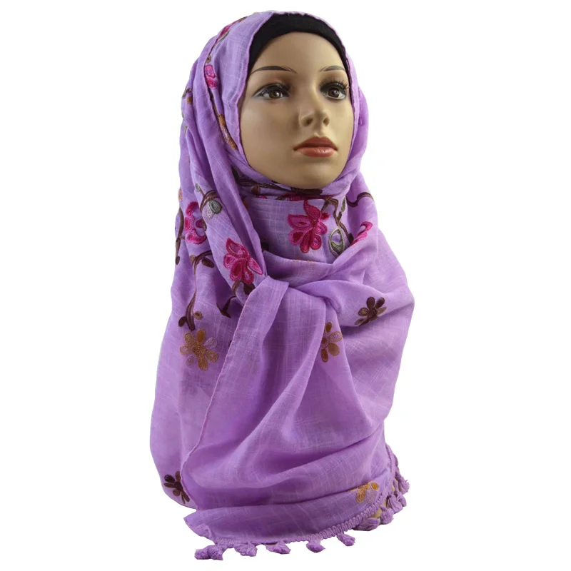 Высококачественный Женский вышитый хиджаб шарф с цветами хлопковые мусульманские платки хиджаб платок шарфы 10 шт./партия