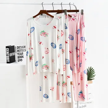 

2020 Japanese pajamas female spring and autumn modal pajamas flamingo round neck printed long-sleeved trousers home service suit