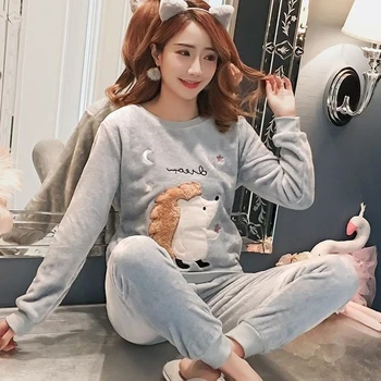 

Autumn Winter Thick Coral Velvet Long Sleeve Cartoon Sleepwear Warm Flannel Women Pyjamas Sets Thin Flannel Pajamas Set for Girl