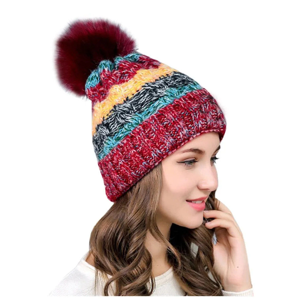 Винтажная женская зимняя шапка, теплые вязаные шапки, модные утолщенные полосы, пэчворк, ветронепроницаемые, Gorra Hombre, красочные, унисекс, помпоны# D