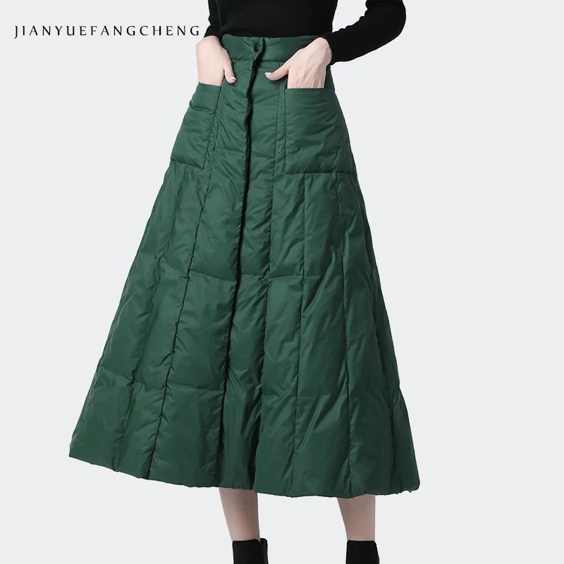 

Fashion Duck Down Skirt Women Winter High Waist A Line Long Skirts Warm Thicken Green Skirts Streetwear Plus Size Women' Bottoms