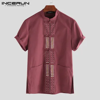 

INCERUN 2020 Chinese Style Shirt Men Printed Short Sleeve Button Tang Suit Casual Vintage Elegant Tops Stand Collar Camisa S-5XL