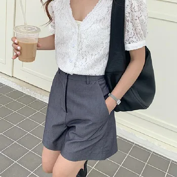 

Summer women's shorts casual solid color high waist loose wide leg shorts