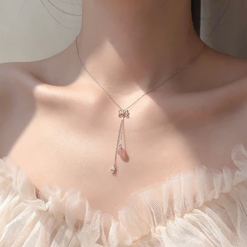 

Bowknot Pink Strawberry Crystal Tassel 925 Sterling Silver Necklace For Women Girls Sweet Korean Clavicle Chain Jewelry SN2478