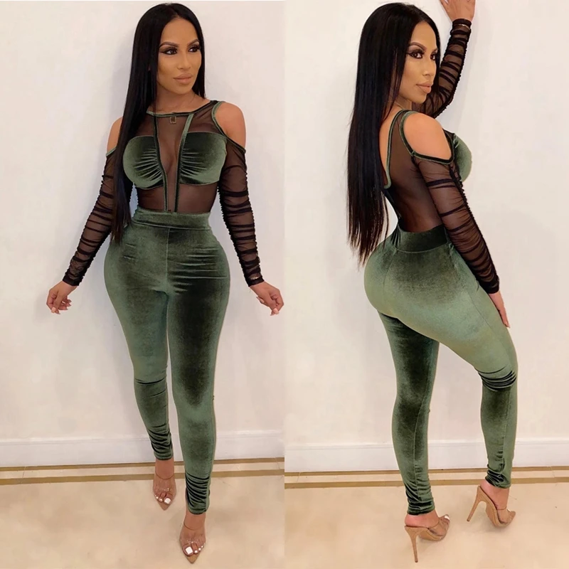 Elegant Sexy Jumpsuits for Women 2020 Long Sleeve Patchwork Mesh Black Bodycon Jumpsuit Rompers Backless Party Club Jumpsuit