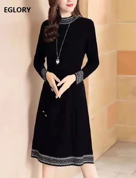 

2019 Autumn Winter Fashion Wool Knitted Dress High Quality Women Vintage Patterns Long Sleeve Black Long Sweater Dress Wool