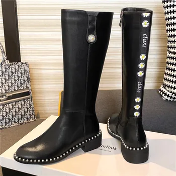 

2020 New Cow Leather Pearl Sole Knee-High Women Boots Daisy Belt Round Toe Ladies Shoes High Quality Riding Boots Flat Size34-43