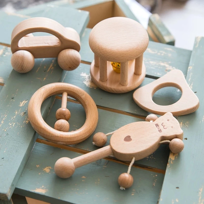 Stroller Toy Wood-Ring Educational-Toys Baby-Toy Montessori Car-Play Beech-Bear Hand-Teething