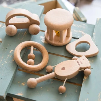 1pc Baby Toy Beech Bear Hand Teething Baby Rattles Wood Ring Cartoon Car Play Gym Montessori Stroller Toy Educational Toys