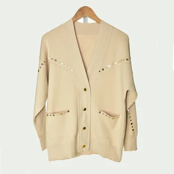 

2019 Autumn /Winter V-neck Rivet Pocket Single-breasted Knit Cardigan Coat