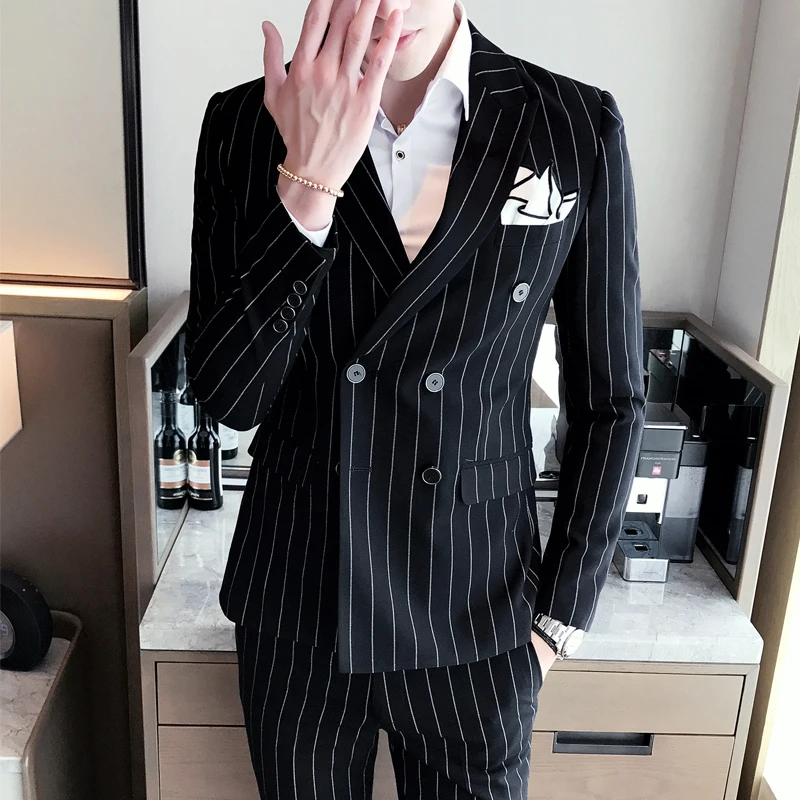 Роскошный модный мужской полосатый костюм двубортный тонкий смокинг формальный мужской повседневный Свадебный Лучший мужской костюм(пальто+ жилет+ брюки