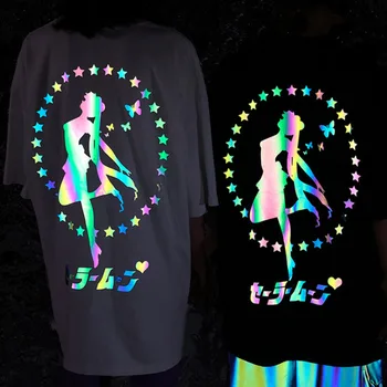 

Reflective Anime Sailor Moon Print Harajuku T Shirt Women Street Fashion Oversized Short Sleeves Tshirt Luminous Casual Tee Top