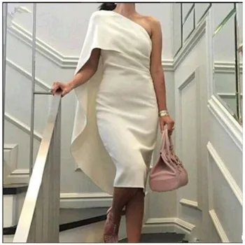 

Short Sheath Formal Dresses One Shoulder Capelet Tea Length Evening Party Gown robe de soiree vestido de fiesta de noche abiye
