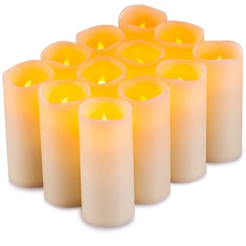 

Flameless Candles Flickering LED Candles Set Of 12 (7.5 x 7.5 x 10CM) Ivory Real Wax Pillar Battery Operated Candles with 10-Key