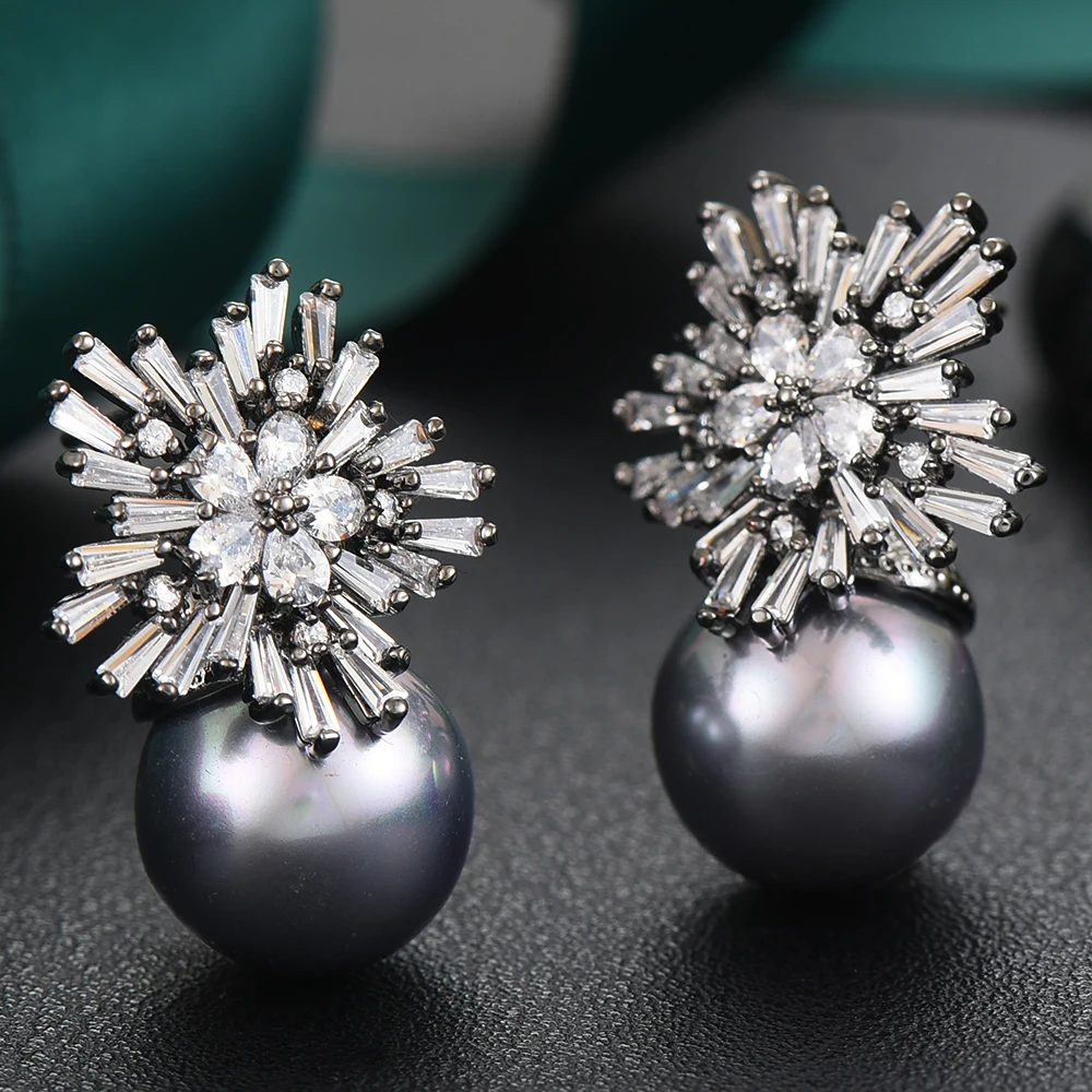 Missvikki Handmade Famous Full CZ Original Design Black Pearl Earrings Jewelry for Bridal Wedding Daily Party Show | Украшения и