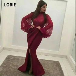 LORIE 2020 Burgundy Mermaid Evening Dresses for Women Lace Satin Split High Neck Long Sleeve Formal Prom Party Gowns Plus Size