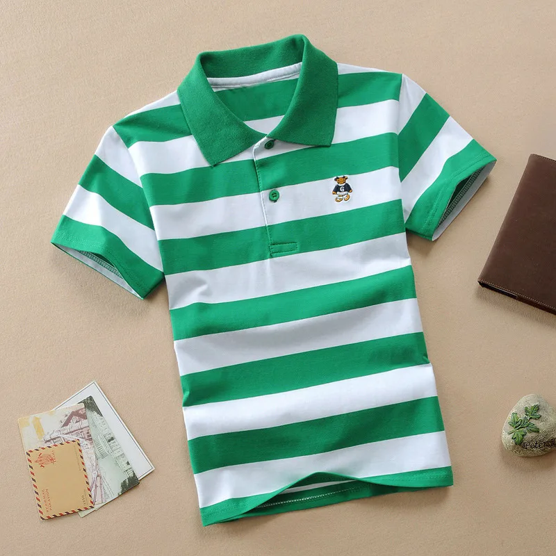 Лидер продаж; детская хлопковая Футболка; летняя одежда; детская футболка-поло; хлопковая футболка в полоску с короткими рукавами для мальчиков; детская одежда - Цвет: GreenandWhite