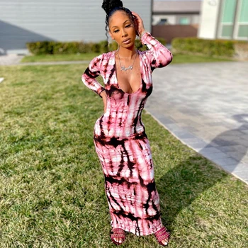 Hugcitar 2020 long sleeve colorful print V neck bodycon long dress spring women new fashion