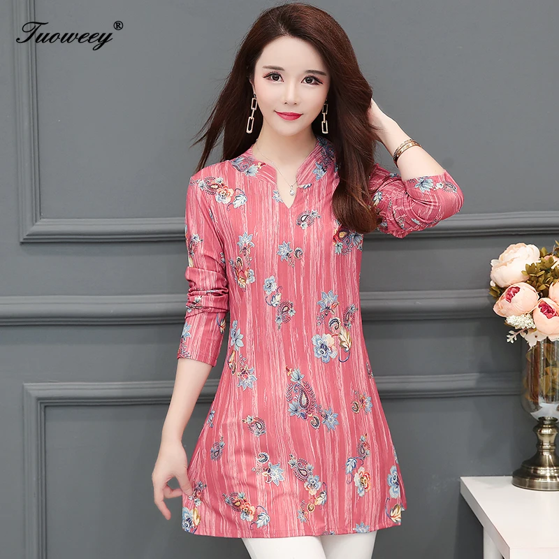 Najtaniej Plus rozmiar 5XL luźny dekolt w serek jesień wiosna bluzka vintage kobiety Vestidos w średnim wieku 2019 luźna w stylu retro party panie blusas Vestido