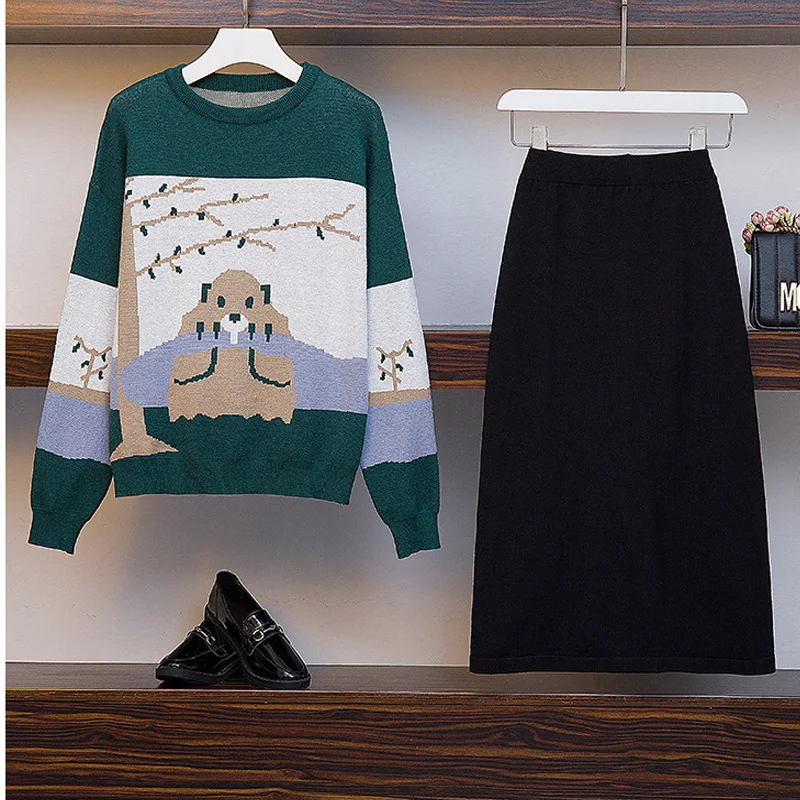 

2 piece set women Bear print long sleeve sweater knee length skirt suits 2019 autumn winter fashion runway knitted skirts sets
