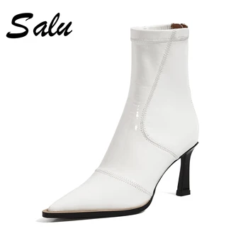 

2020 fashion High Heel Women Shoes Retro Genuine leather winter boots women Autumn Winter Zipper Ankle Boots Cow Leather Ladies