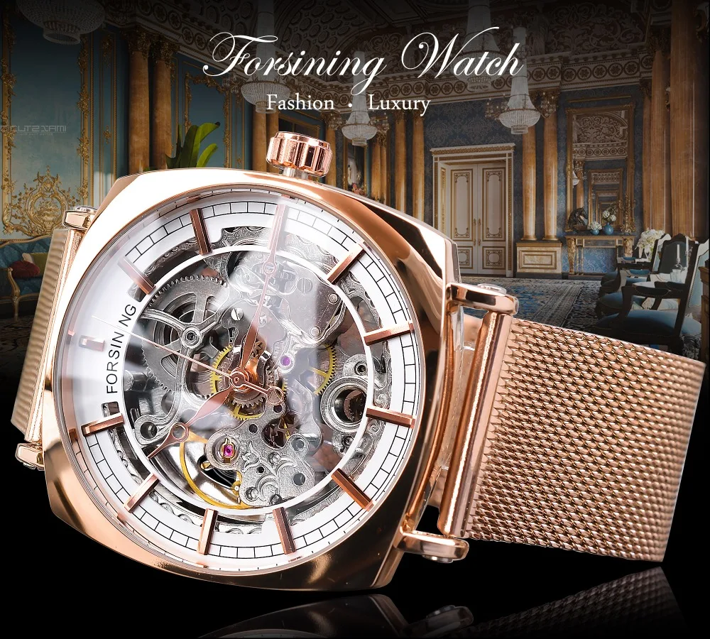 Forsining Top Brand Luxury Man Clock Fashion Mens Watch Casual Waterproof Rose Gold Mesh Skeleton Mechanical Wristwatches