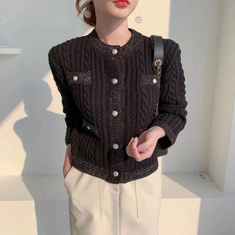 JMPRS Cardigans Women Sweater Fashion Pearl Buttons O Neck Twisted Knitted Short Jackets Pockets Korean Warm Winter Thick Tops |