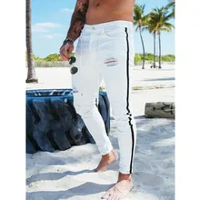 MotoBiker Pantalones Vaqueros pitillo deshilachados para hombre, Jeans deshilachados rasgados con raya lateral, estilo Hip Hop, moda urbana