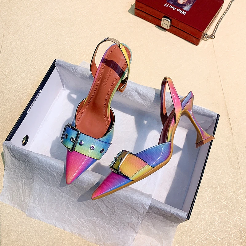 

Luxury buckle Gladiator high heels Sandals Women Rainbow Color Goblet Heel Shoes Woman Sexy Pointy Toe High Heels Party Shoes 42