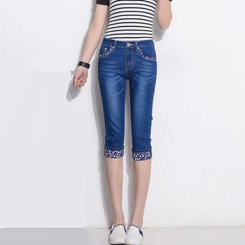 

Summer Women's Skinny Stretch Breeches Capri Jeans Woman Slim Blue Knee Length Pencil Pants Polka Dot Print Jean Femme