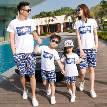 

2020 Summer Family Matching Outfits Suit Couple Vacation Training Camouflage Suit Casual Letter Cotton Sets Father and Son