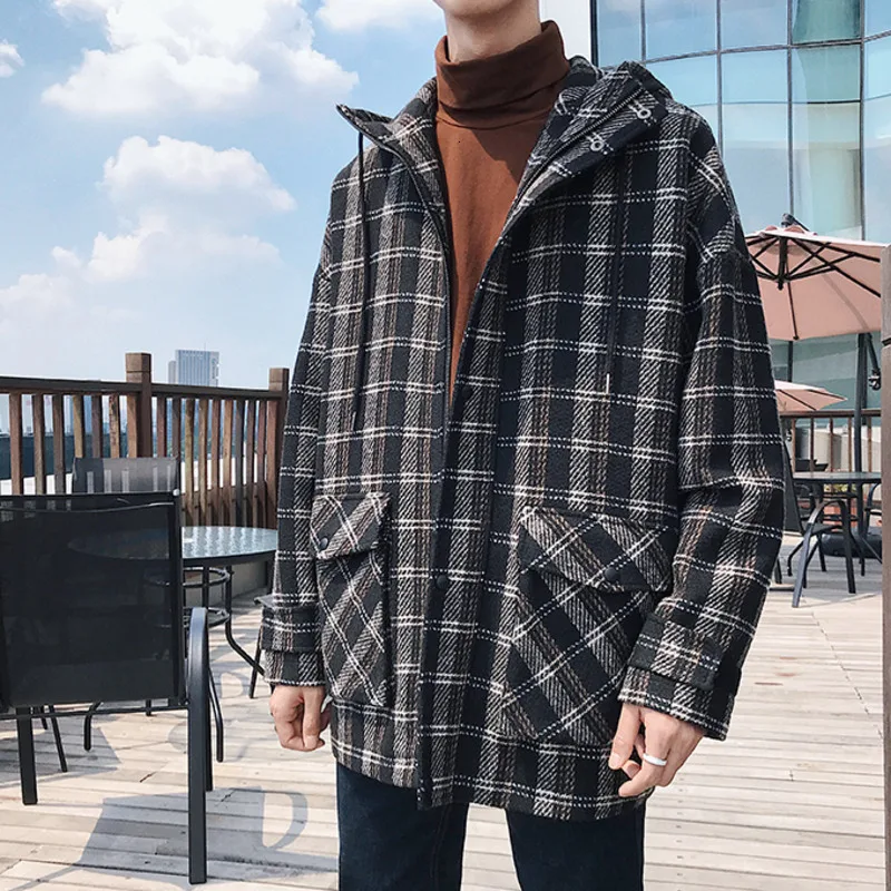 

Autumn New Woolen Jacket Men Fashion Retro Casual Tartan Coat Man Streetwear Wild Loose Hooded Jacket Male Clothes M-5XL