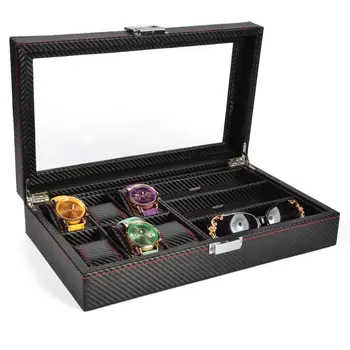

6 Grid Watch Box 3 Spaces Glasses Box Black High-strength Carbon Fiber 9 Lattice Wristwatch Organizer Storage Carrying Cases