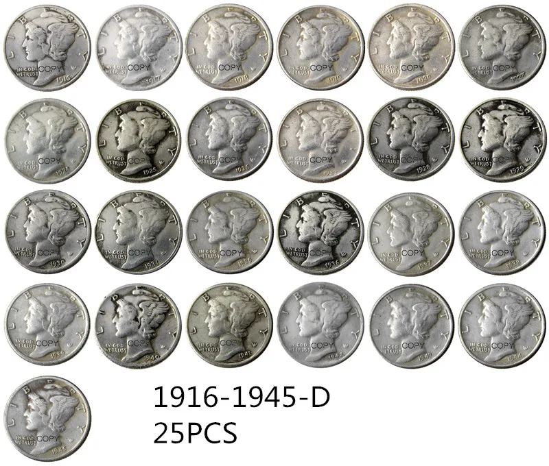 США 1916-1945 ОСЧС 79 шт. ртутная головка десять центов(Dimes) Посеребренная копия монеты