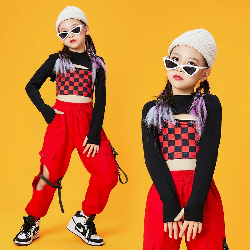 New-Hip-Hop-Girls-Clothes-Jazz-Crop-Tops-Red-Cargo-Pants-Long-Sleeves ...