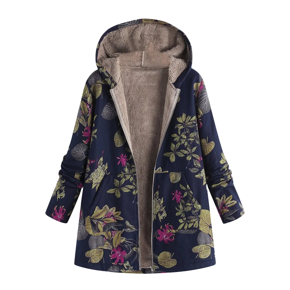 Женское зимнее теплое пальто, верхняя одежда, цветочный принт, с капюшоном, с карманами, Ретро стиль, больше размера, женские пальто, плюс размер, Abrigos