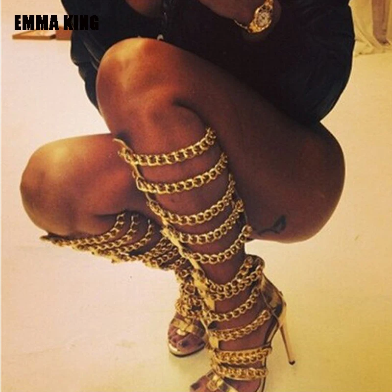 

Женские весенние сапоги до колена, привлекательные ажурные сандалии, женские сапоги с золотыми цепочками, декоративная обувь с круглым носком на тонком высоком каблуке, 2021