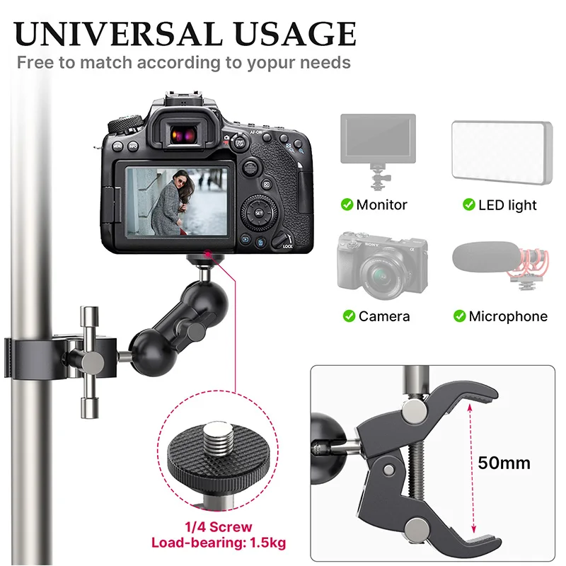 Braçadeira com Duplo Mágico para Câmera Monitor de Vídeo Fio para Hastes Ulanzi Metal Super Ballhead Braço Luz Mic Braçadeira 1 - 4 3 8 Gancho - Image 2