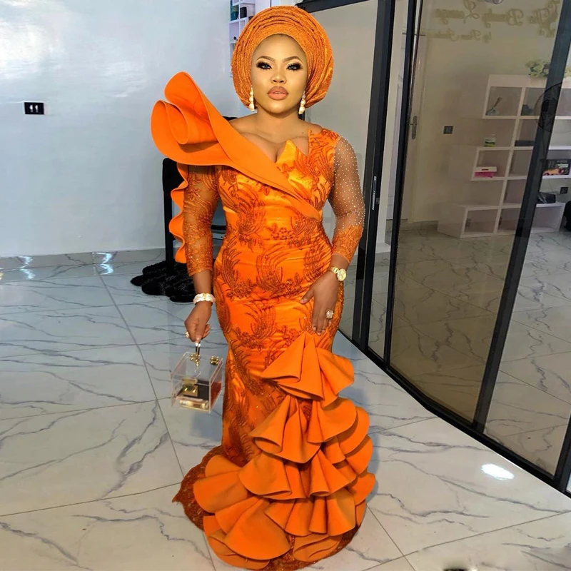 Aso Ebi арабские кружевные вечерние платья русалки Длинные рукава Аппликации