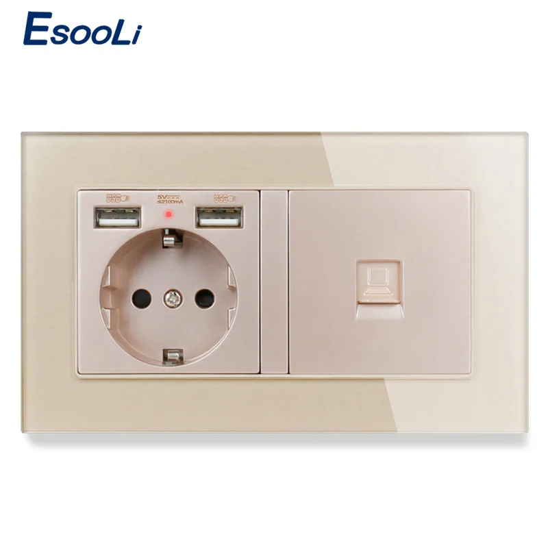 Роскошная стеклянная панель Esooli настенная розетка стандарта ЕС 2 USB порт для