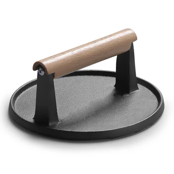 

Smooth Round Grill Press With Wood Handle Heavy Duty Cast Iron Bacon Burger Press For Kitchen Camping Tools