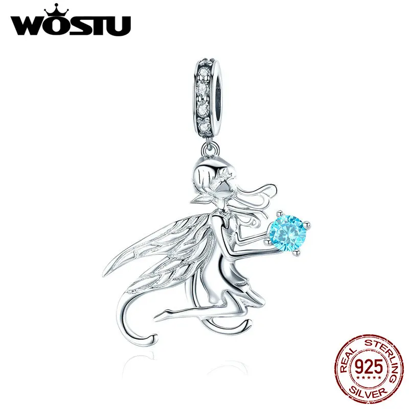WOSTU, 925 пробы, серебро, сказочный эльф, шарм, голубой CZ бисер, подходит для оригинального браслета, кулон и браслет, сделай сам, изготовление ювелирных изделий CTC068