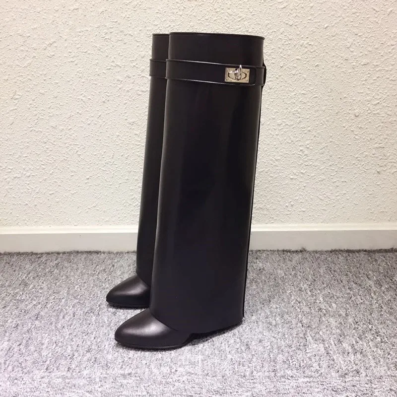 Autumn Winter New Woman Leather Botas Mujer Wedge Shark Lock Women Knee High Boots Slip-on Fold Over Lady Motorcycle Boots