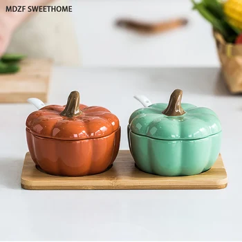 

MDZF Pumpkin Ceramics Spice Jar Salt Sugar Storage Container With Spoon Kitchen Spice Bottles Jars Organizer Kitchen Tools