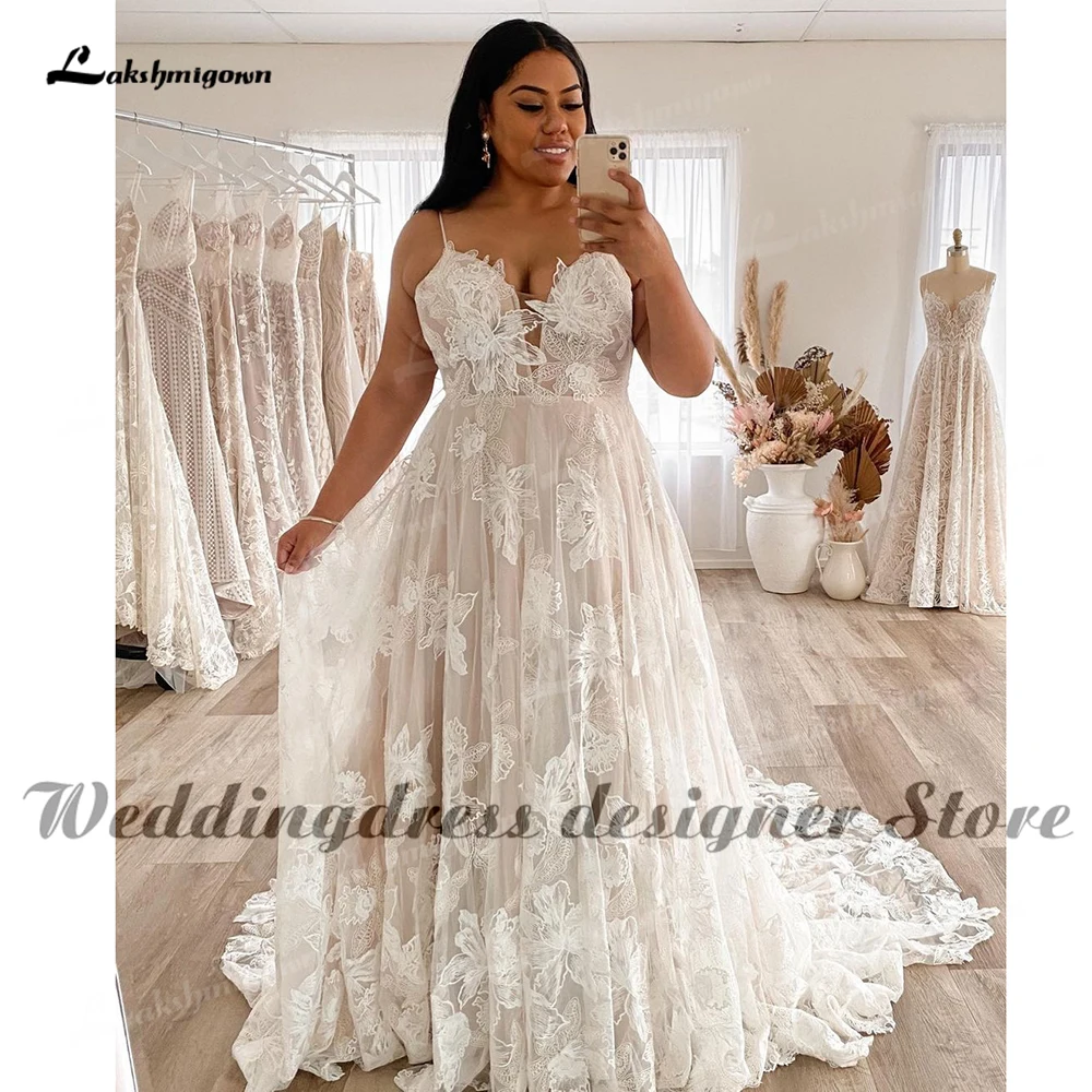 Boho Spaghetti Straps Lace Wedding Dresses Sweetheart Floral Sexy Plus Size Bridal Gowns Backless vestido de noiva praiano 2022 bridesmaid dresses