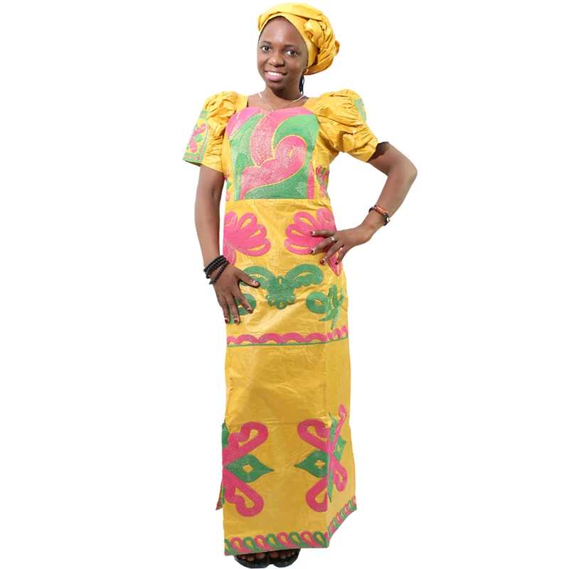 MD bazin dashiki women dress african style long dress with headwrap gold embroidery kanga dresses south africa lady clothes - Цвет: Цвет: желтый