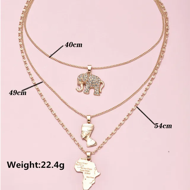 3 Pcs/Set Vintage Crystal Elephant Pyramid Ancient Egyptian Pharaoh Map Pendant Multilayer Gold Necklace Punk Lady Jewelry Gifts 2
