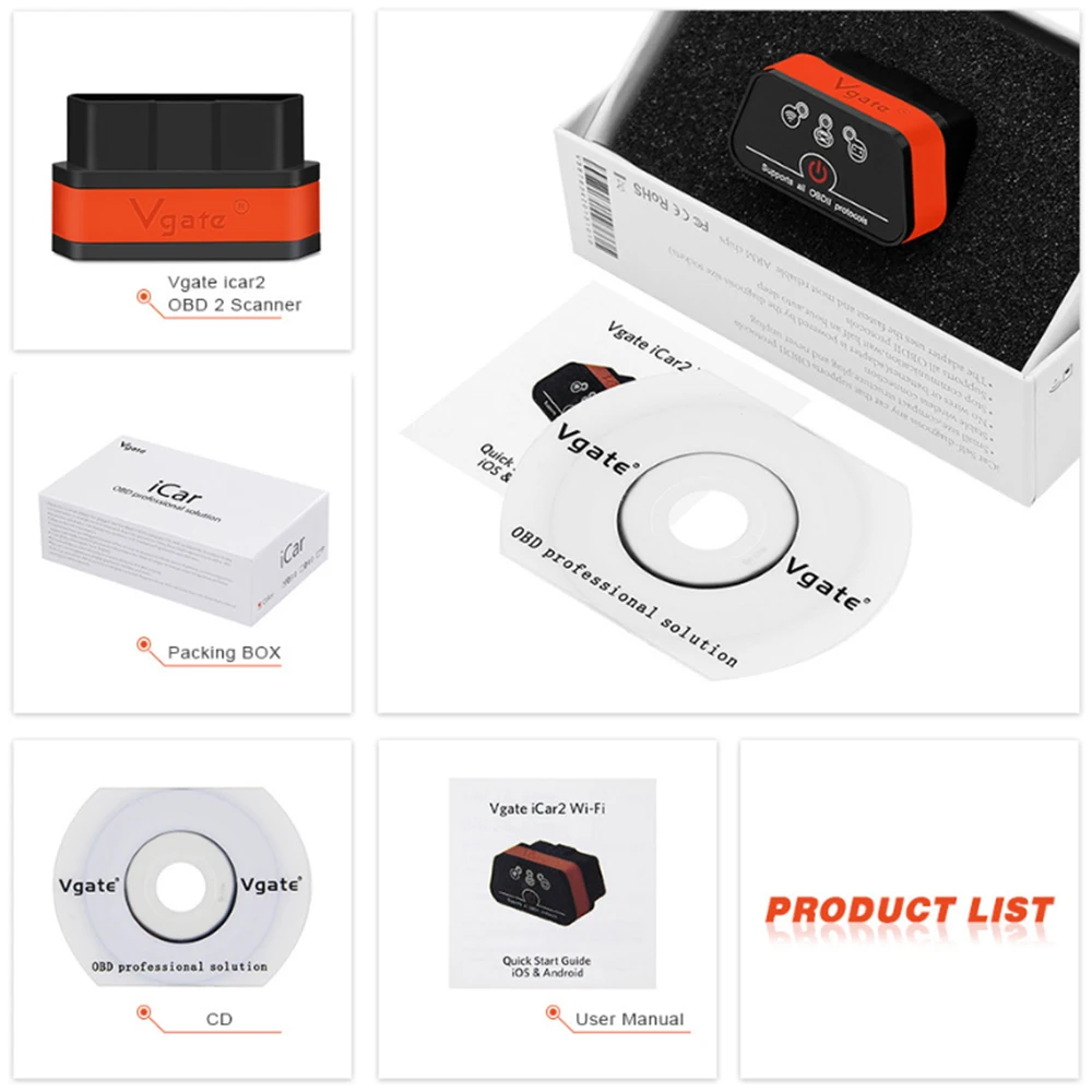 OBDII сканер Vgate iCar2 ELM327 Bluetooth Wi-Fi автомобильный диагностический инструмент 327 OBD2 считыватель кодов ODB сканер для IOS Android