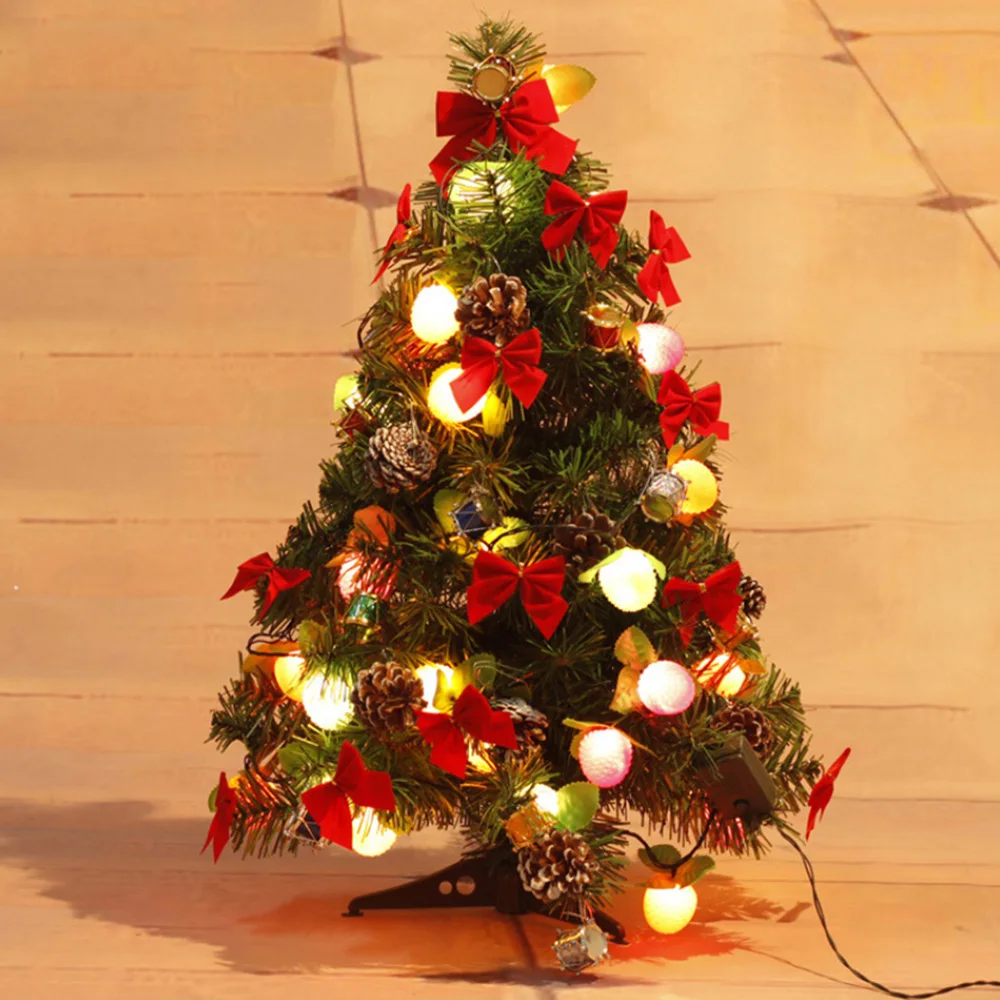 45/60cm Artificial Fir Christmas Tree with Lights 13 Red Bowknot Pine Cone Drum Decor Lightweight Easy to Assemble