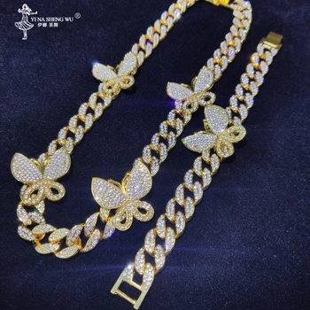 

Iced Out Bling CZ Miami Cuban Link Chain Butterfly Charm Choker Necklace Necklaces Jewelry Gold Silver Color for Women Copper